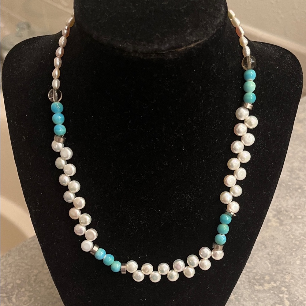 Real Pearls and glass Turquoise beaded Necklace